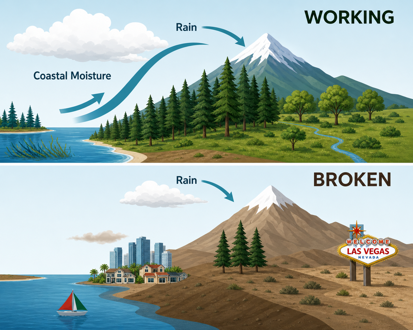Coastal forest hydrological cycle working versus broken