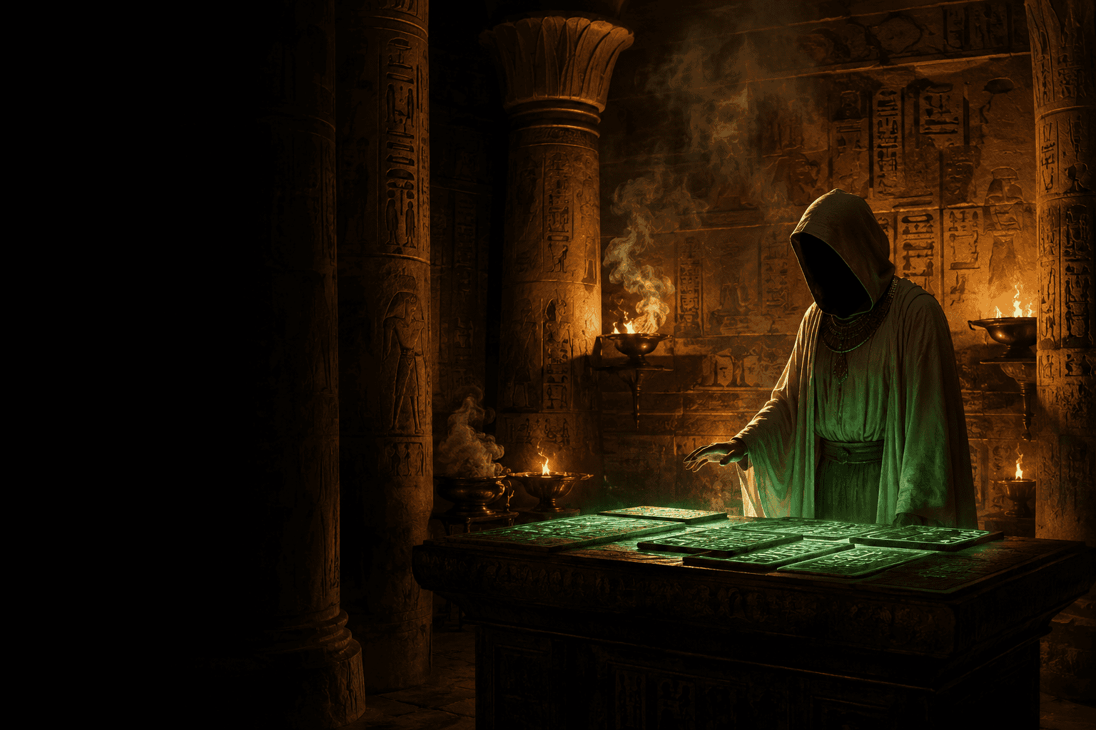 Emerald Tablets of Thoth: ancient candlelit chamber with the foundational Hermetic text on stone altar, representing the pre-flood transmission preserved in Egypt through Hermes Trismegistus