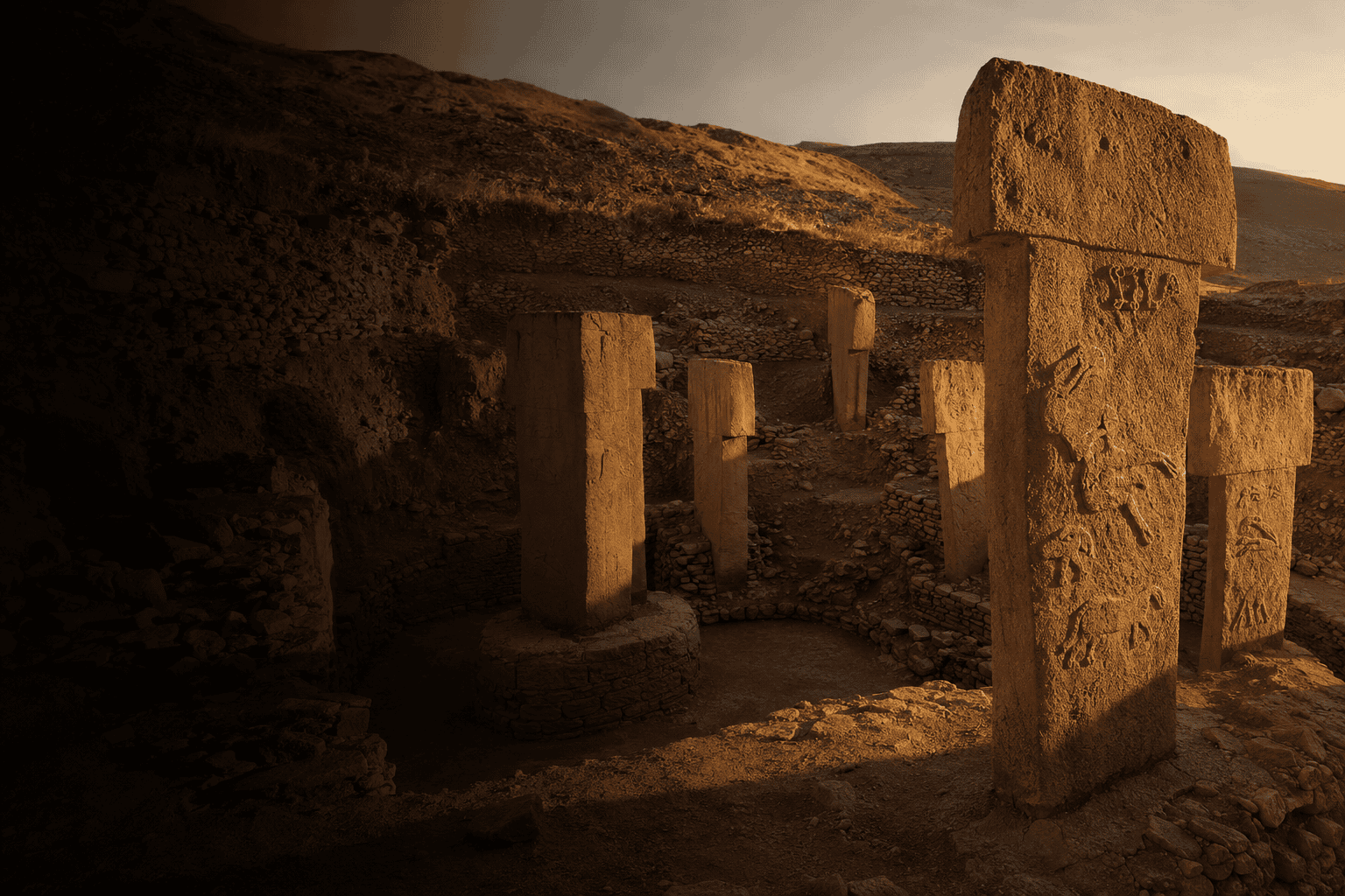G&ouml;bekli Tepe: ancient megalithic temple complex in southeastern Turkey at golden hour, showing T-shaped pillars in circular enclosures, the oldest known monumental architecture on Earth at 11,600 years before present