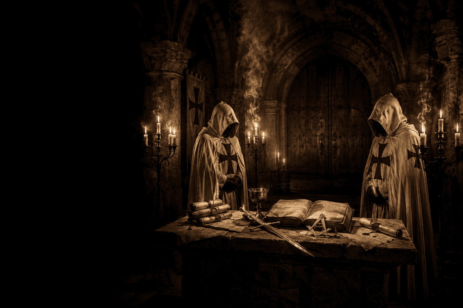 Knights Templar: medieval candlelit chamber with two Templar knights in white mantles bearing crimson crosses, gathered around a stone altar with sacred manuscripts and ritual objects