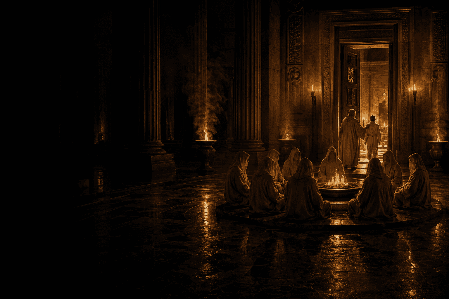 Mystery schools: candlelit ancient Greek temple interior with robed initiates gathered in circle around central fire, representing the Eleusinian Mysteries and Egyptian temple initiation traditions