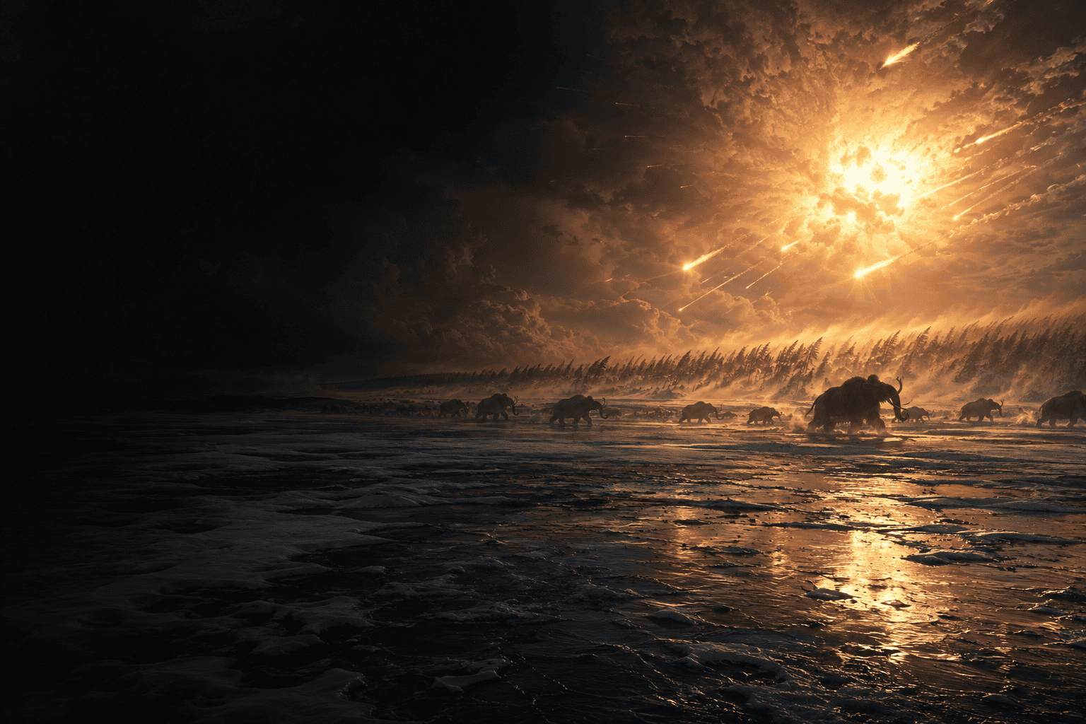 Younger Dryas cosmic impact: cinematic depiction of a comet fragment striking the North American ice sheets approximately 12,800 years ago, triggering global climate reversal and civilizational reset